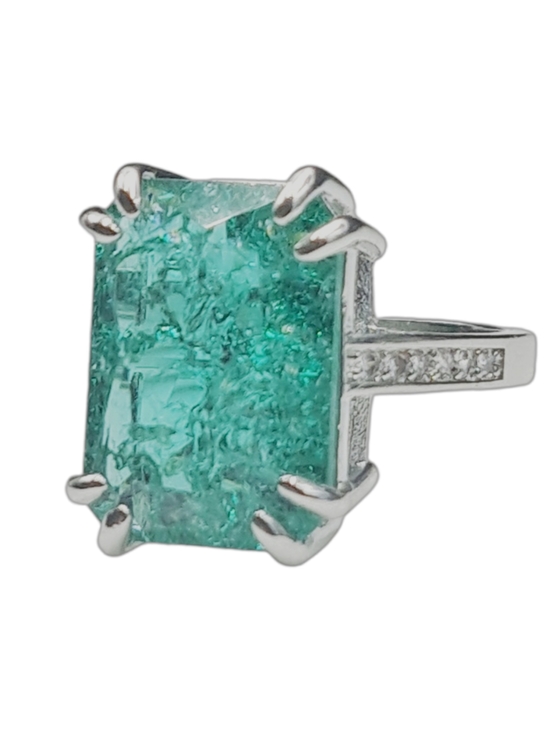 Jewelry - Emerald Green Cushion Cocktail Ring - Silver Tone
